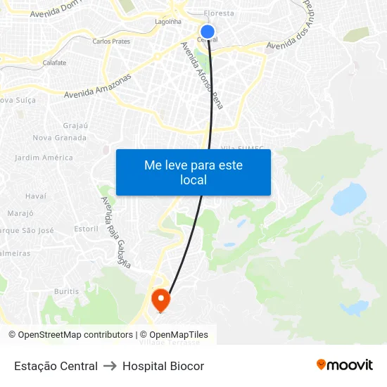Estação Central to Hospital Biocor map