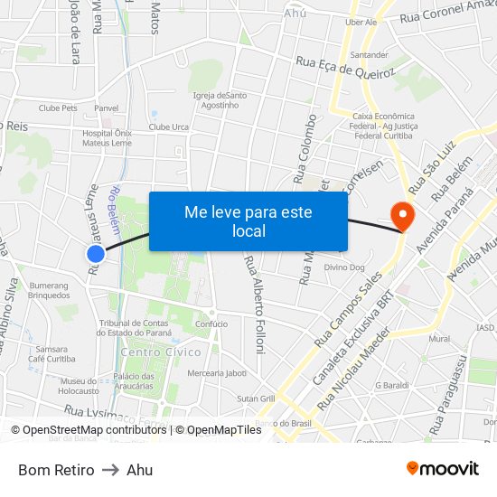 Bom Retiro to Ahu map