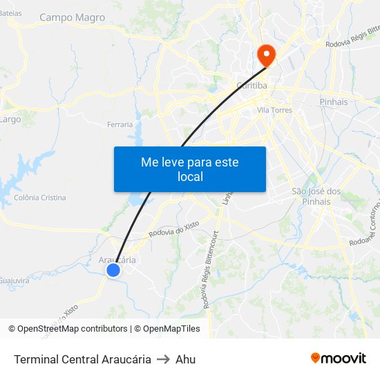 Terminal Central Araucária to Ahu map