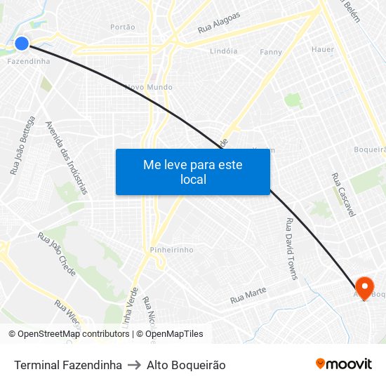 Terminal Fazendinha to Alto Boqueirão map