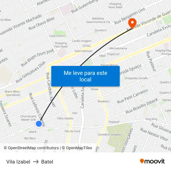 Vila Izabel to Batel map