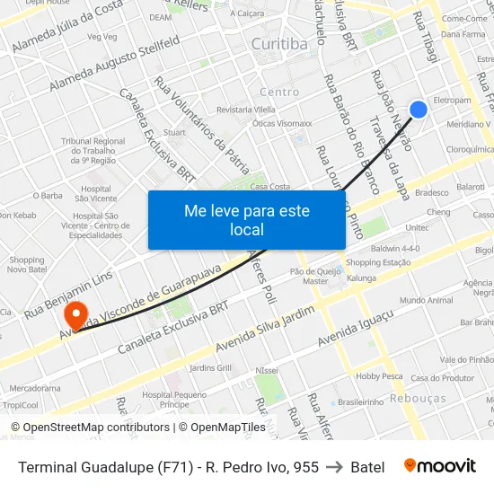 Terminal Guadalupe (F71) - R. Pedro Ivo, 955 to Batel map