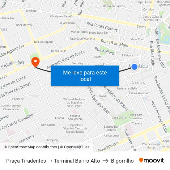 Praça Tiradentes → Terminal Bairro Alto to Bigorrilho map