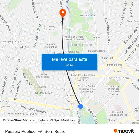 Passeio Público to Bom Retiro map