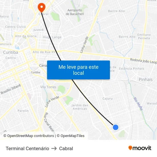 Terminal Centenário to Cabral map