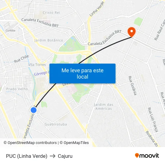 PUC (Linha Verde) to Cajuru map