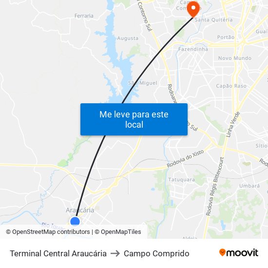 Terminal Central Araucária to Campo Comprido map