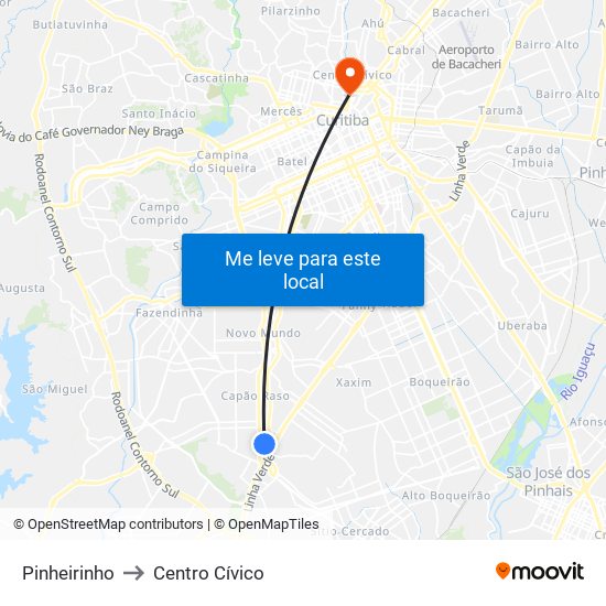 Pinheirinho to Centro Cívico map