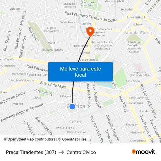 Praça Tiradentes (307) to Centro Cívico map