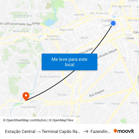 Estação Central → Terminal Capão Raso to Fazendinha map