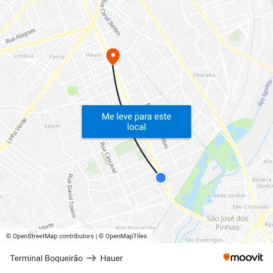 Terminal Boqueirão to Hauer map