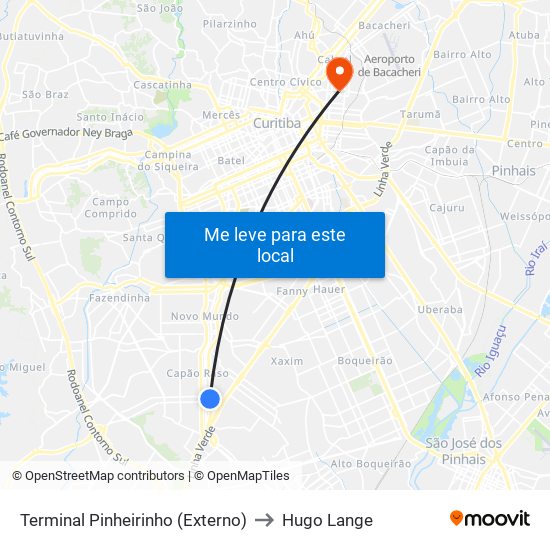 Terminal Pinheirinho (Externo) to Hugo Lange map