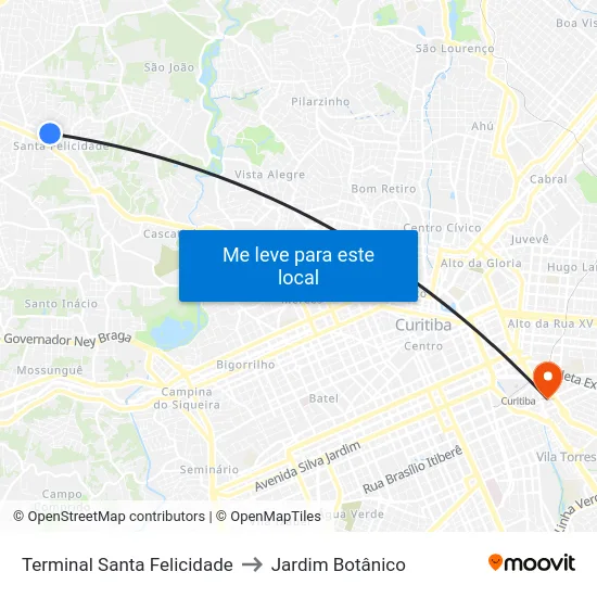 Terminal Santa Felicidade to Jardim Botânico map