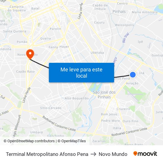 Terminal Metropolitano Afonso Pena to Novo Mundo map