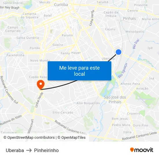 Uberaba to Pinheirinho map