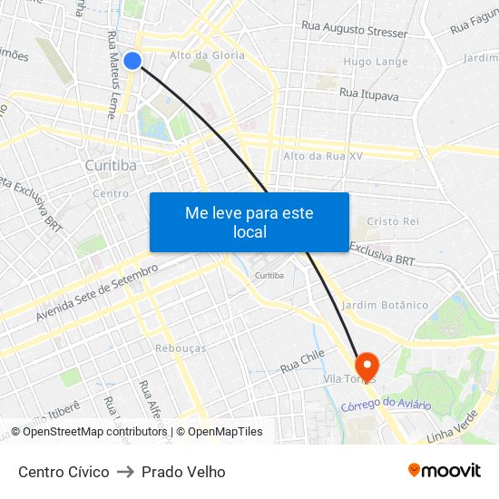 Centro Cívico to Prado Velho map