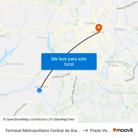 Terminal Metropolitano Central de Araucária to Prado Velho map