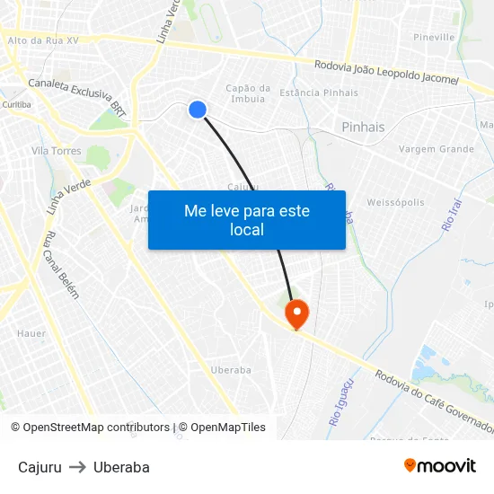 Cajuru to Uberaba map