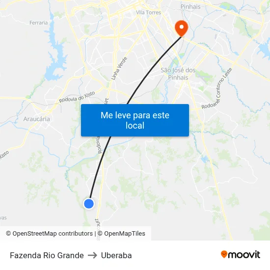 Fazenda Rio Grande to Uberaba map