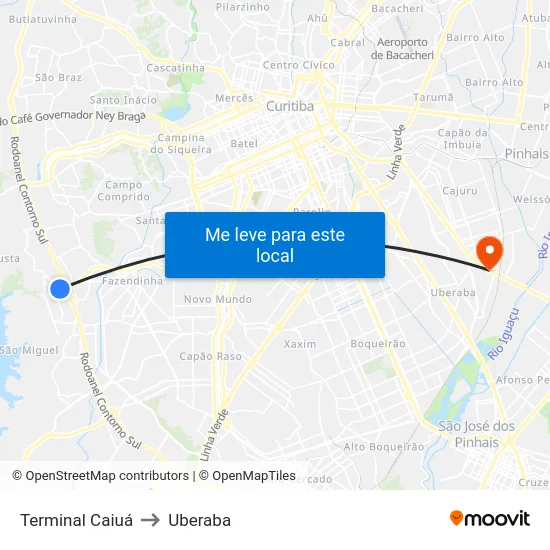 Terminal Caiuá to Uberaba map