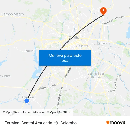 Terminal Central Araucária to Colombo map