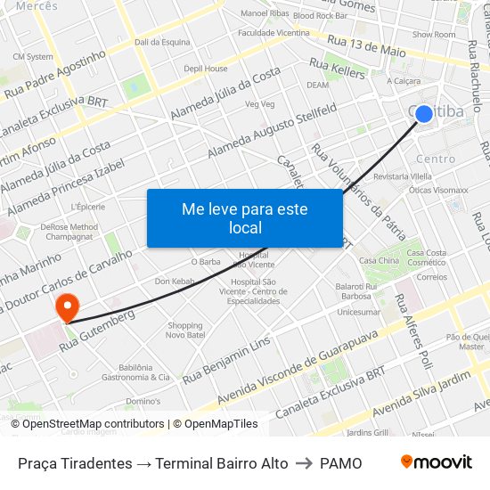 Praça Tiradentes → Terminal Bairro Alto to PAMO map