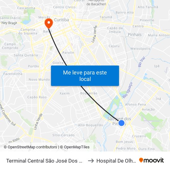 Terminal Central São José Dos Pinhais to Hospital De Olhos Do Paraná map