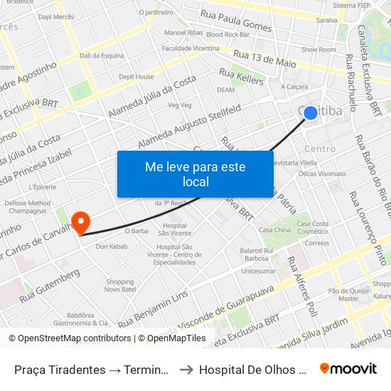 Praça Tiradentes → Terminal Bairro Alto to Hospital De Olhos Do Paraná map