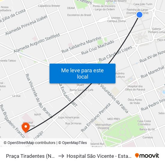 Praça Tiradentes (Nestor De Castro) to Hospital São Vicente - Estacionamento Médicos map