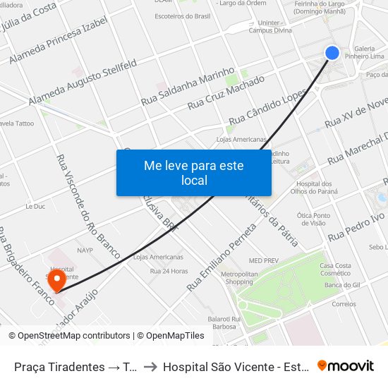 Praça Tiradentes → Terminal Bairro Alto to Hospital São Vicente - Estacionamento Médicos map