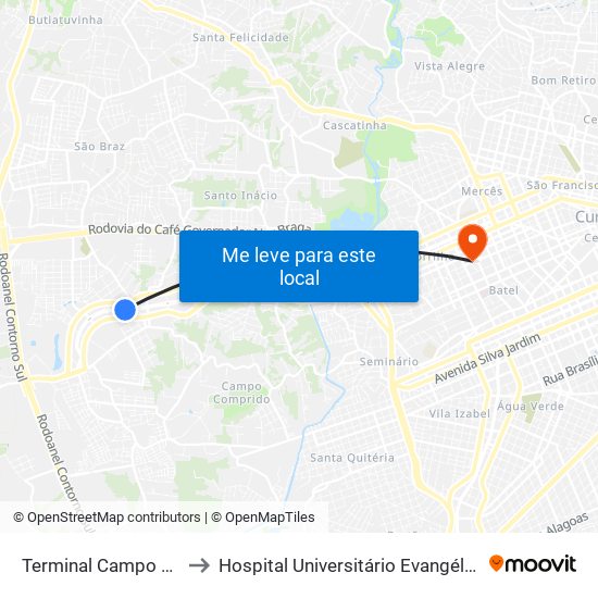 Terminal Campo Comprido to Hospital Universitário Evangélico de Curitiba map