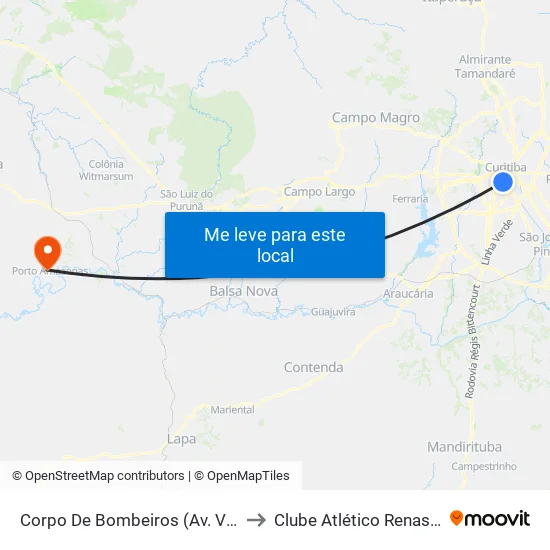 Av. Visconde de Guarapuava, 3571 (Corpo de Bombeiros) to Clube Atlético Renascença (Estádio João C.) map