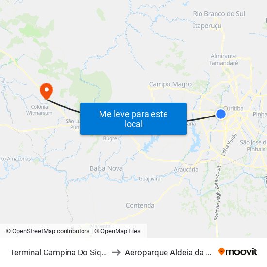 Terminal Campina Do Siqueira to Aeroparque Aldeia da Serra map