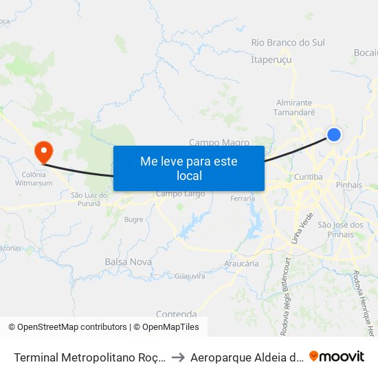 Terminal Metropolitano Roça Grande to Aeroparque Aldeia da Serra map