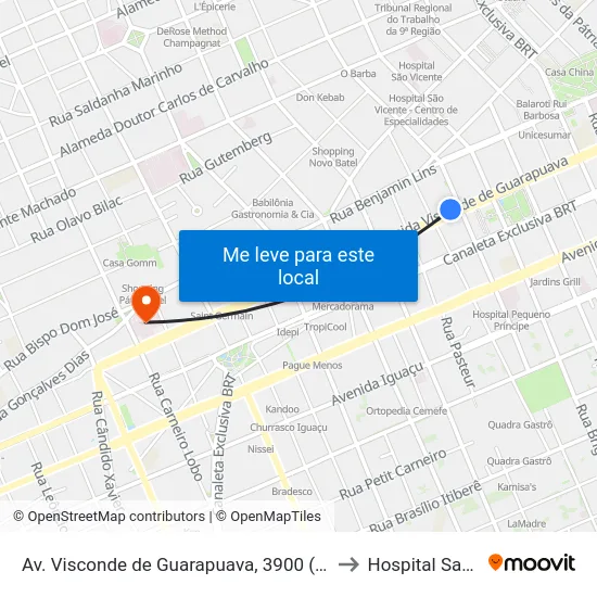 Av. Visconde de Guarapuava, 3900 (Shopping Curitiba) to Hospital Santa Cruz map