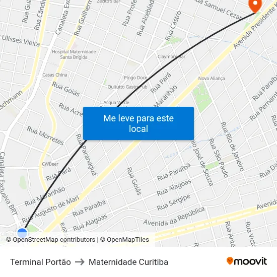 Terminal Portão to Maternidade Curitiba map
