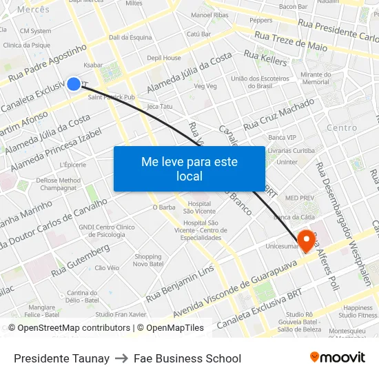 Presidente Taunay to Fae Business School map