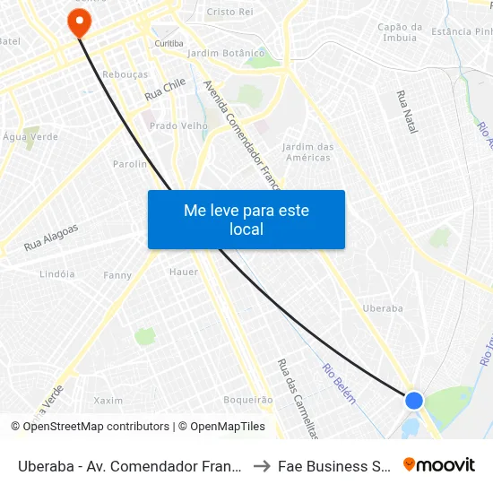 Uberaba - Av. Comendador Franco, 8440 to Fae Business School map