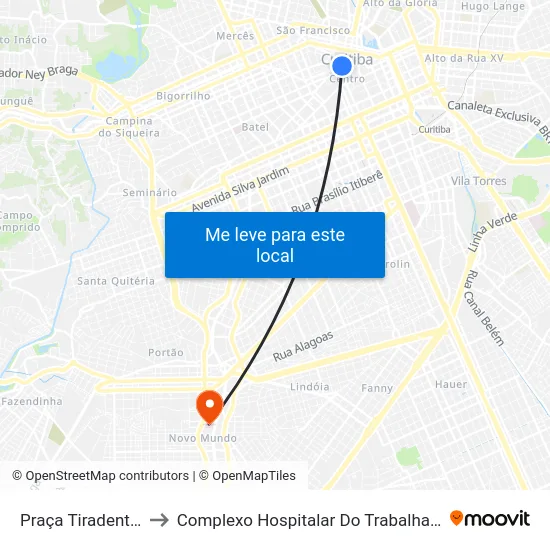 Praça Tiradentes (304) to Complexo Hospitalar Do Trabalhador map
