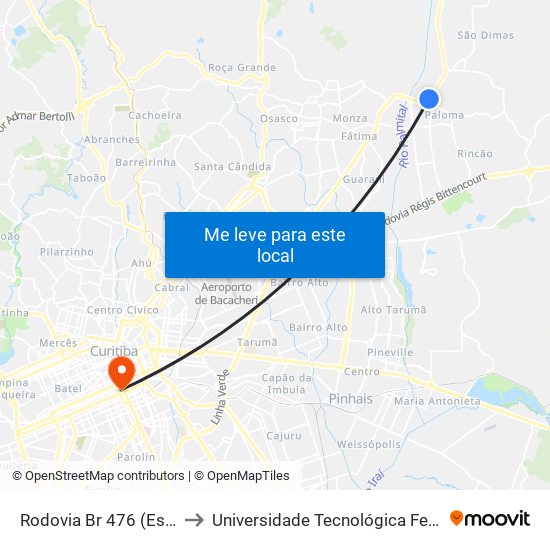 Rodovia Br 476 (Estrada Da Ribeira) - Posto Ipiranga to Universidade Tecnológica Federal Do Paraná - Campus Curitiba - Sede Centro map