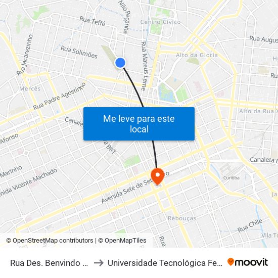 Rua Des. Benvindo Valente, 104 - Cemitério Municipal to Universidade Tecnológica Federal Do Paraná - Campus Curitiba - Sede Centro map