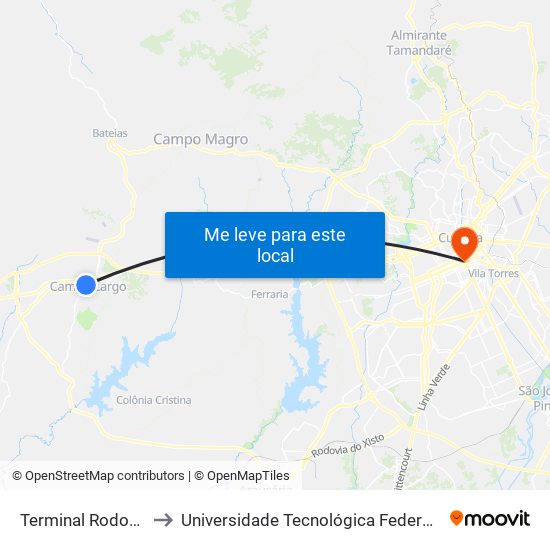 Terminal Rodoviário De Campo Largo to Universidade Tecnológica Federal Do Paraná - Campus Curitiba - Sede Centro map