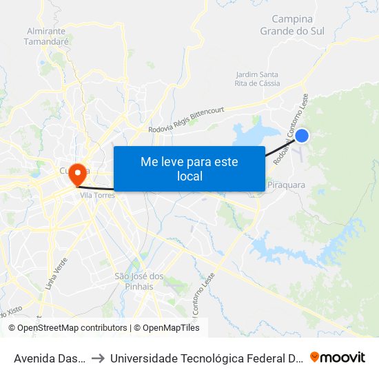 Avenida Das Pedreiras, 1000 to Universidade Tecnológica Federal Do Paraná - Campus Curitiba - Sede Centro map