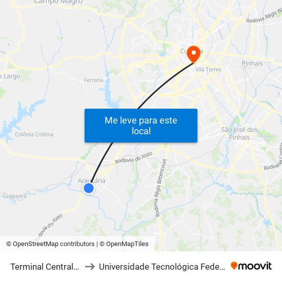 Terminal Central Araucária (Desembarque) to Universidade Tecnológica Federal Do Paraná - Campus Curitiba - Sede Centro map