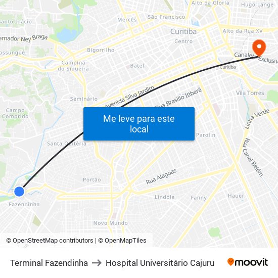 Terminal Fazendinha to Hospital Universitário Cajuru map