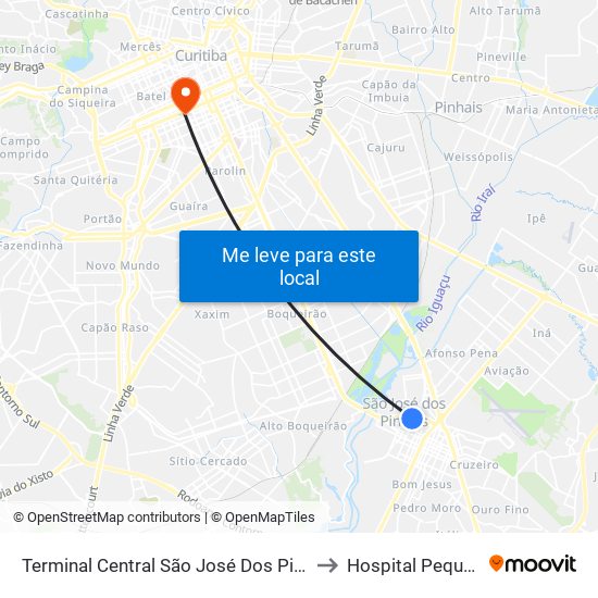 Terminal Central São José Dos Pinhais to Hospital Pequeno Príncipe map