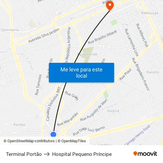Terminal Portão to Hospital Pequeno Príncipe map