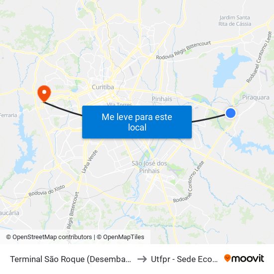 Terminal São Roque (Desembarque) to Utfpr - Sede Ecoville map