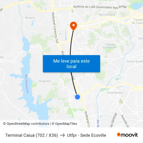Terminal Caiuá (702 / X36) to Utfpr - Sede Ecoville map
