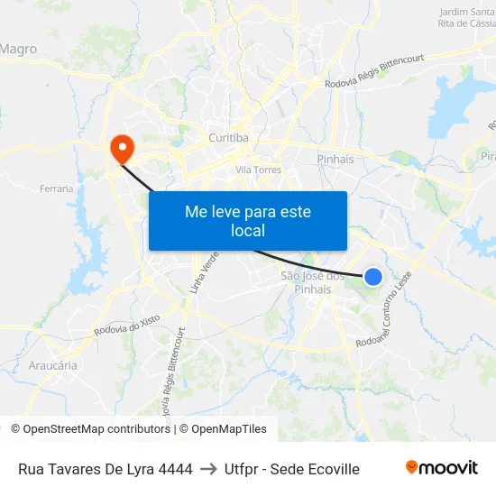 Rua Tavares De Lyra 4444 to Utfpr - Sede Ecoville map